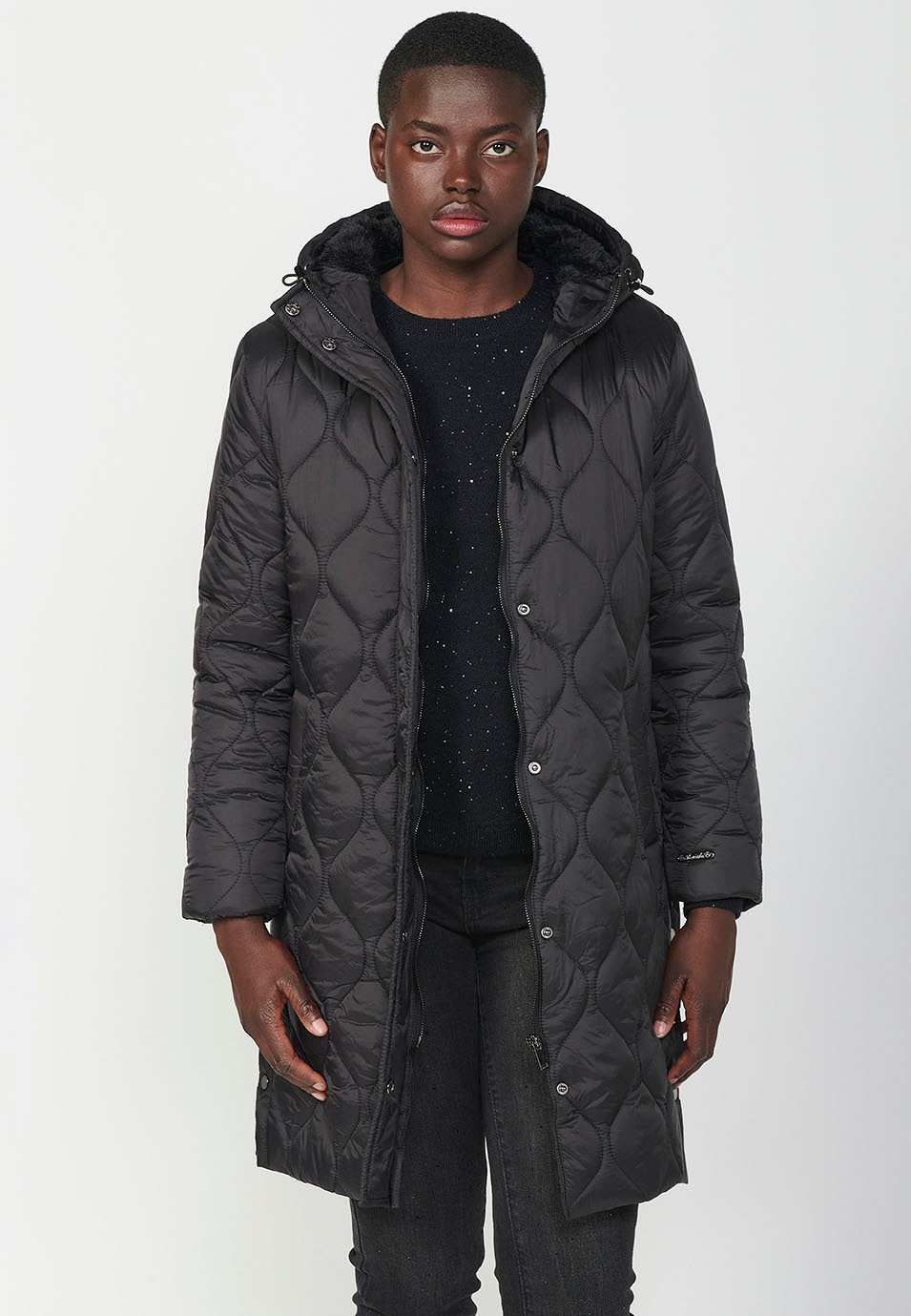 Women's Black Long Quilted Parka Jacket with Front Zip Closure and Flap