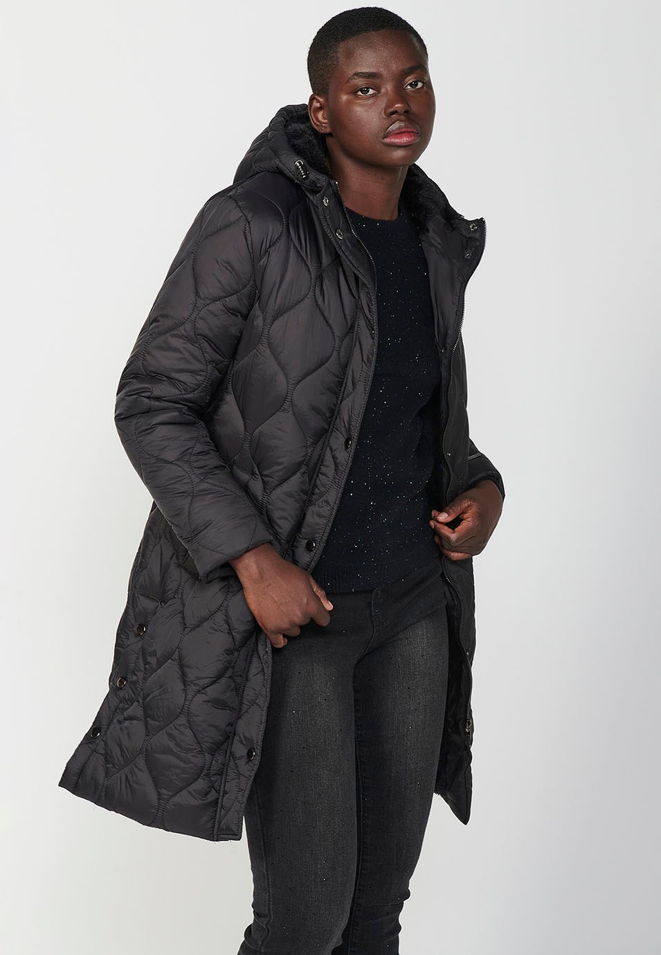 Women's Black Long Quilted Parka Jacket with Front Zip Closure and Flap