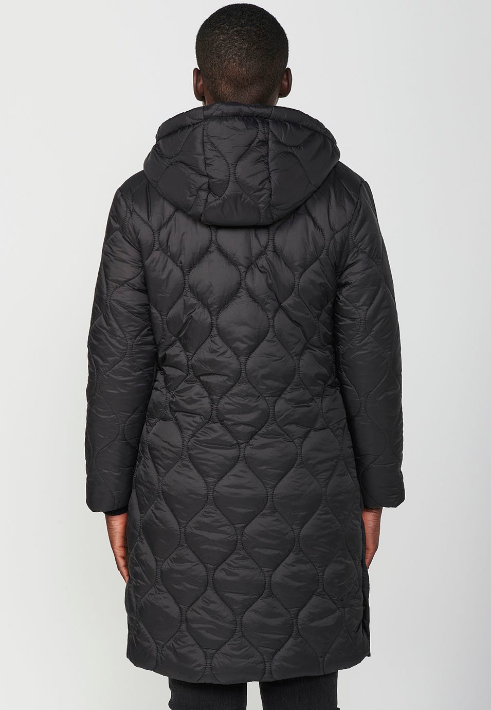 Women's Black Long Quilted Parka Jacket with Front Zip Closure and Flap