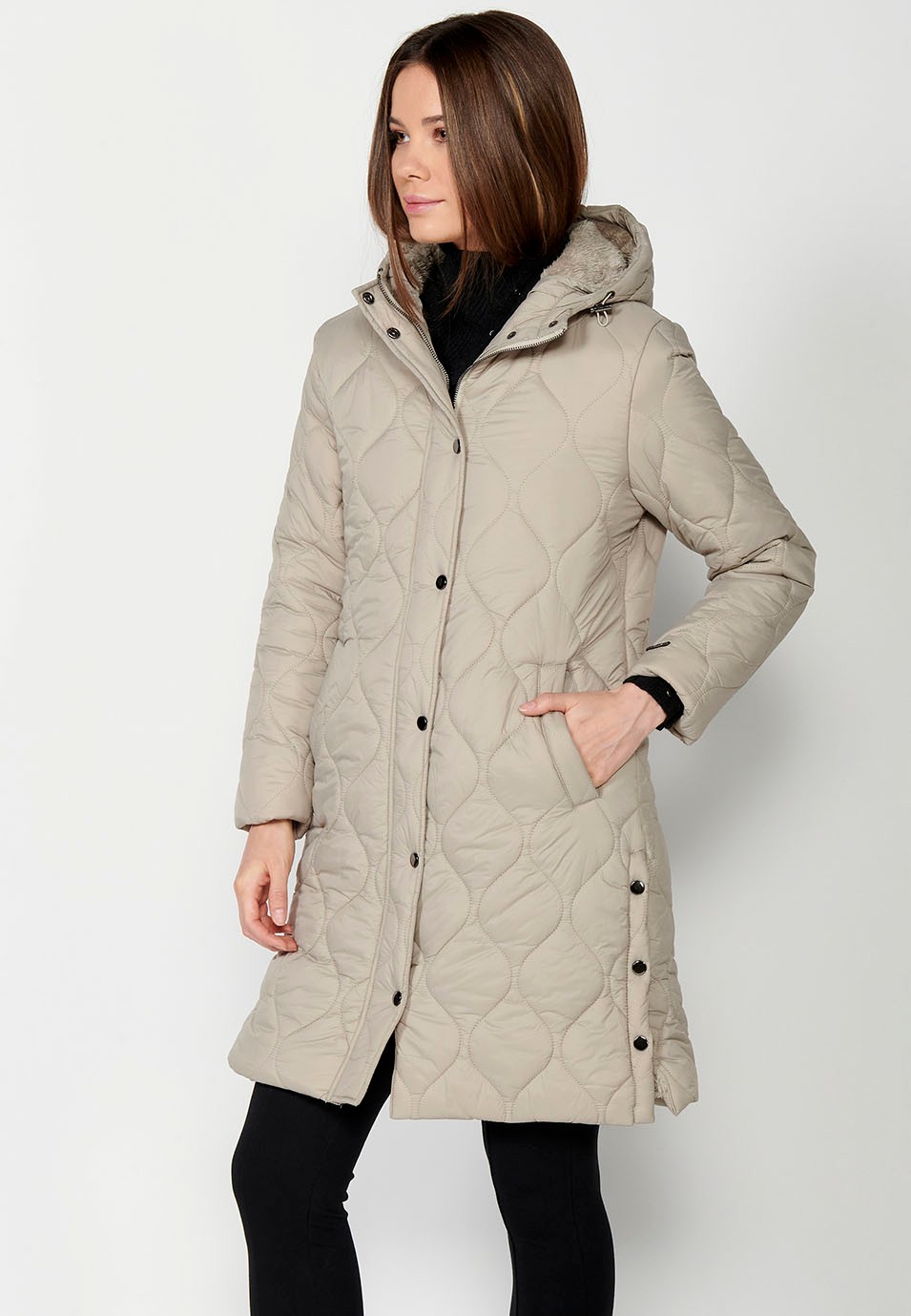 Long padded parka jacket with front zipper closure and camel flap for Women