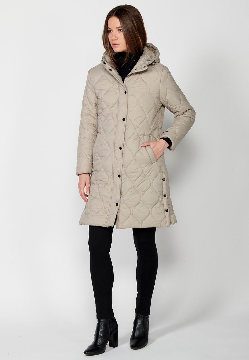 Long padded parka jacket with front zipper closure and camel flap for Women 7