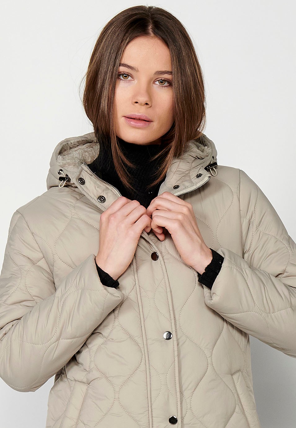 Long padded parka jacket with front zipper closure and camel flap for Women 5