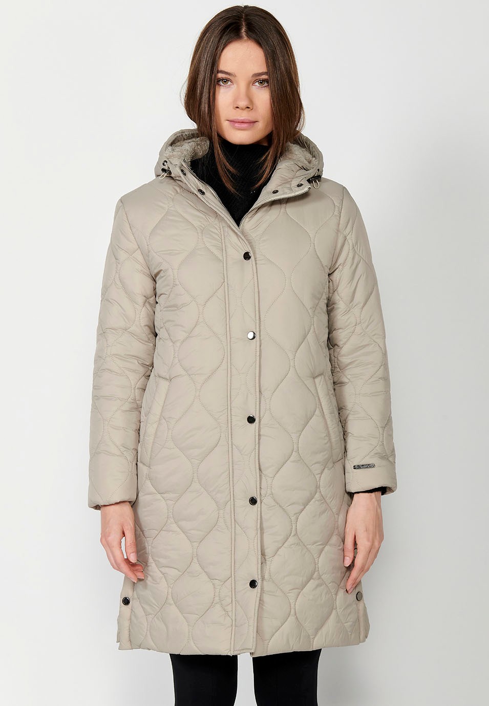 Long padded parka jacket with front zipper closure and camel flap for Women 6