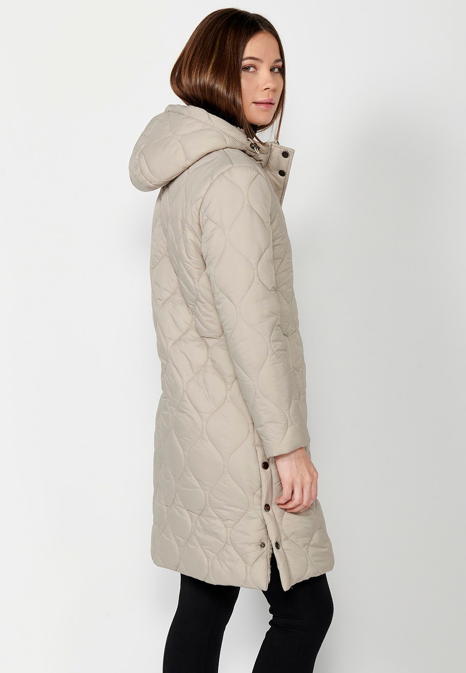 Long padded parka jacket with front zipper closure and camel flap for Women 1