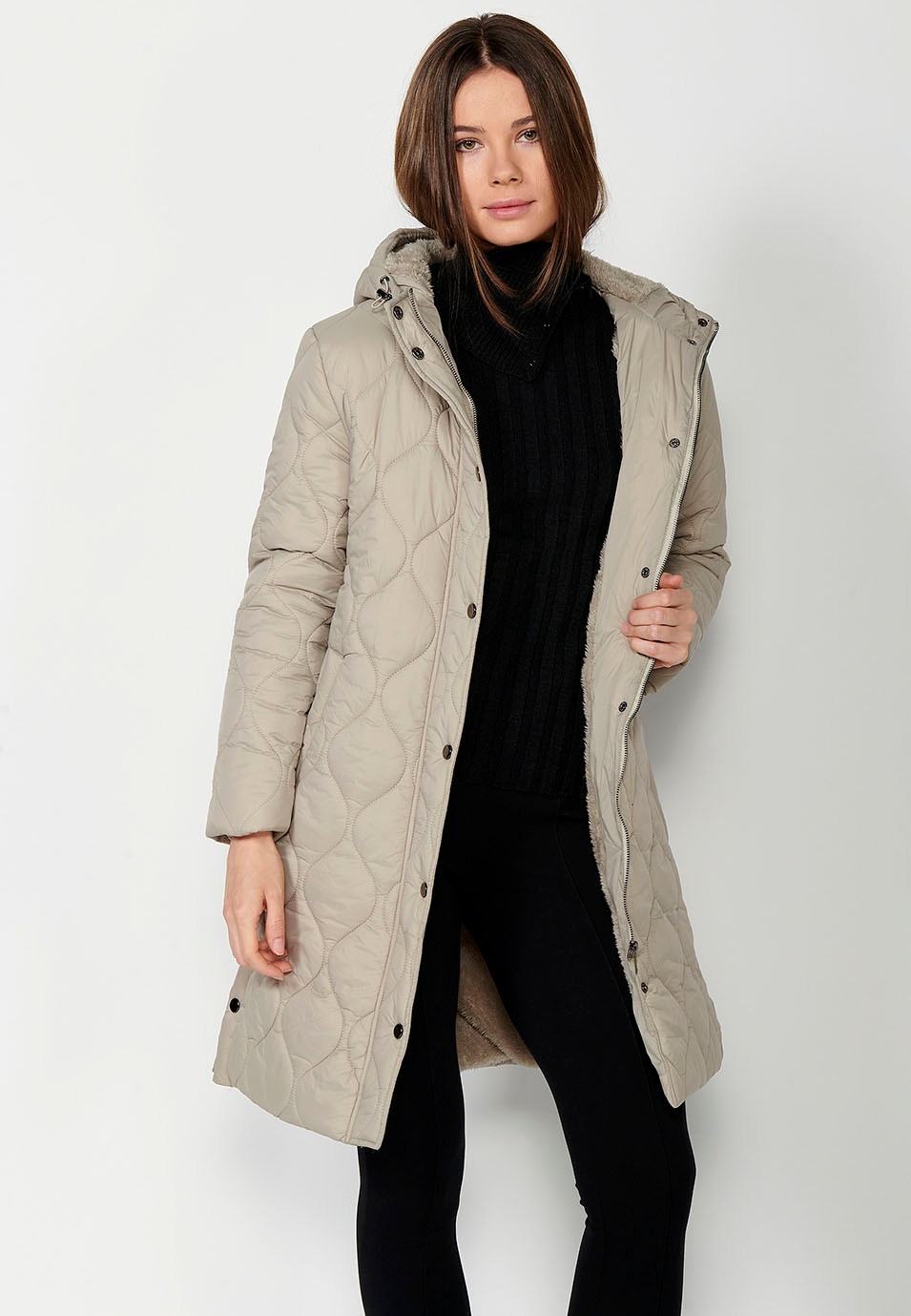 Long padded parka jacket with front zipper closure and camel flap for Women 3