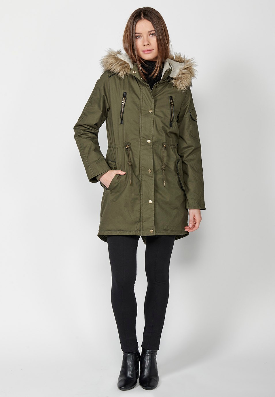 Long padded parka with hood with synthetic fur and adjustable waist in Khaki color for Women