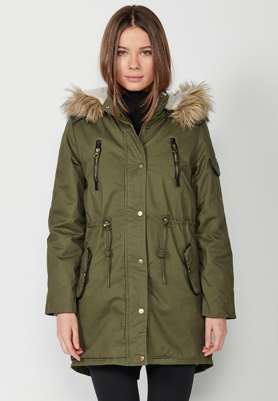 Long padded parka with hood with synthetic fur and adjustable waist in Khaki color for Women