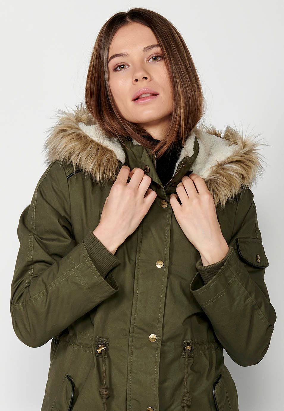 Long padded parka with hood with synthetic fur and adjustable waist in Khaki color for Women