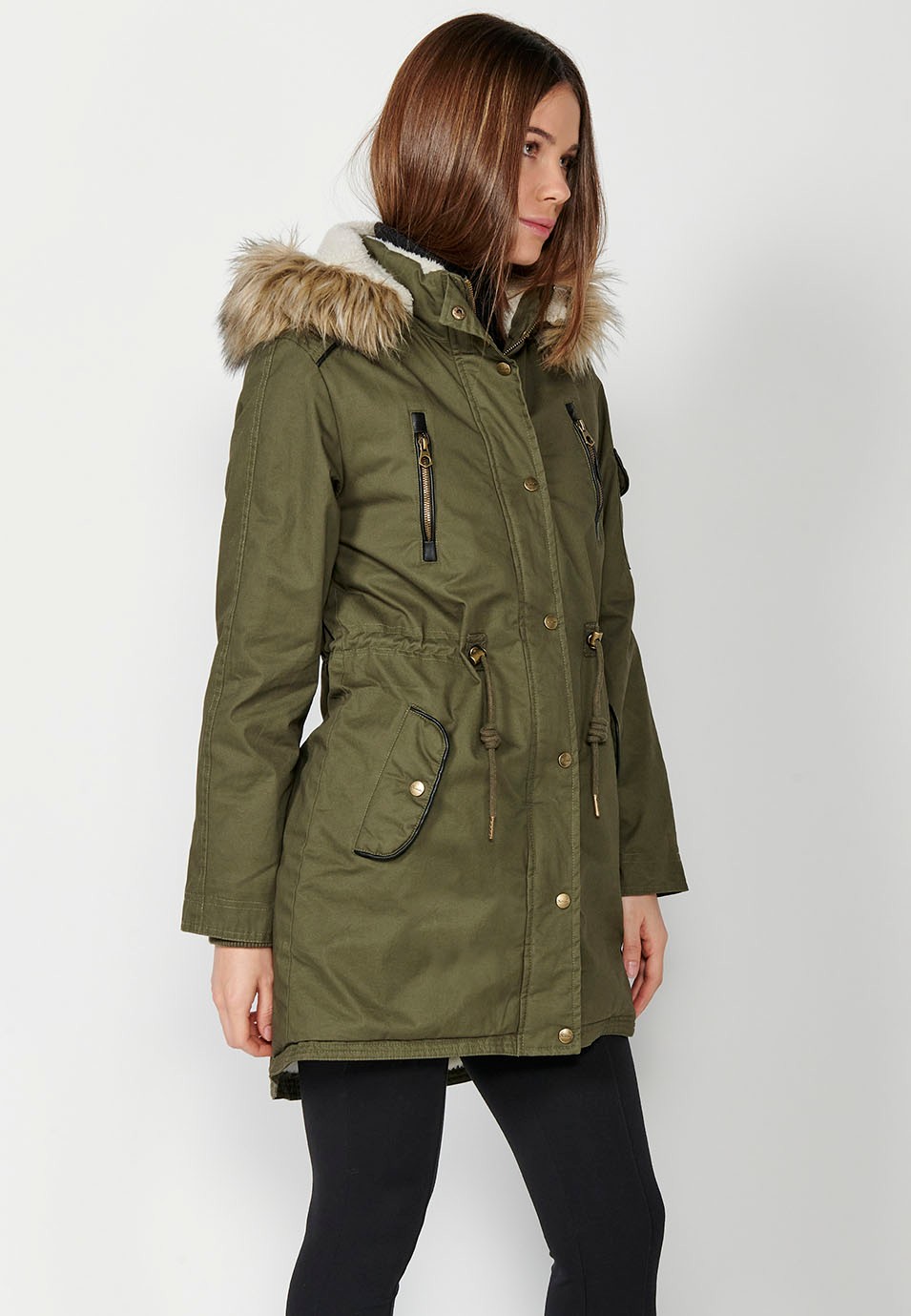 Long padded parka with hood with synthetic fur and adjustable waist in Khaki color for Women