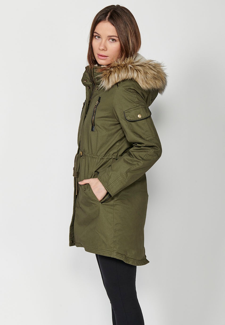 Long padded parka with hood with synthetic fur and adjustable waist in Khaki color for Women