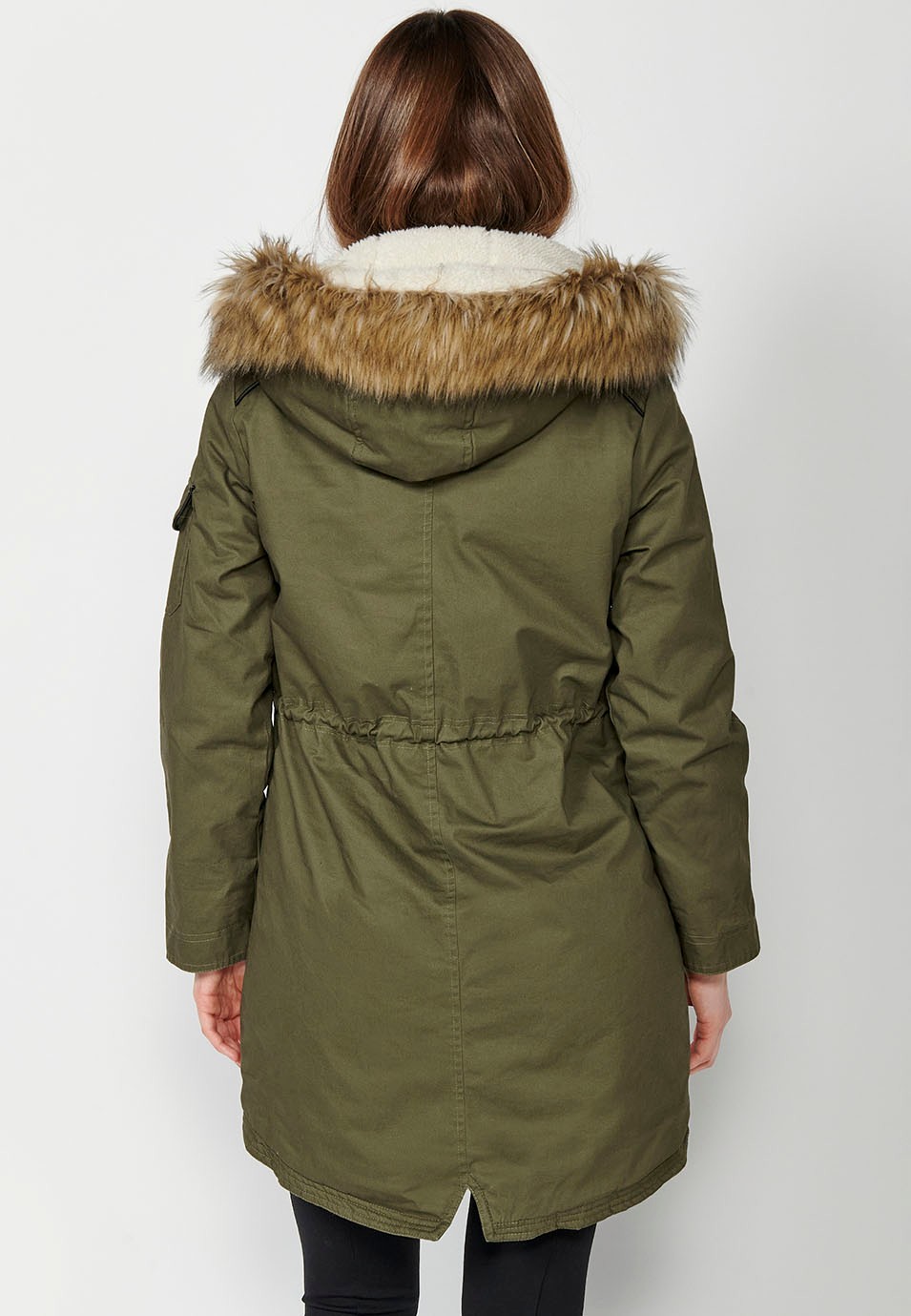 Long padded parka with hood with synthetic fur and adjustable waist in Khaki color for Women