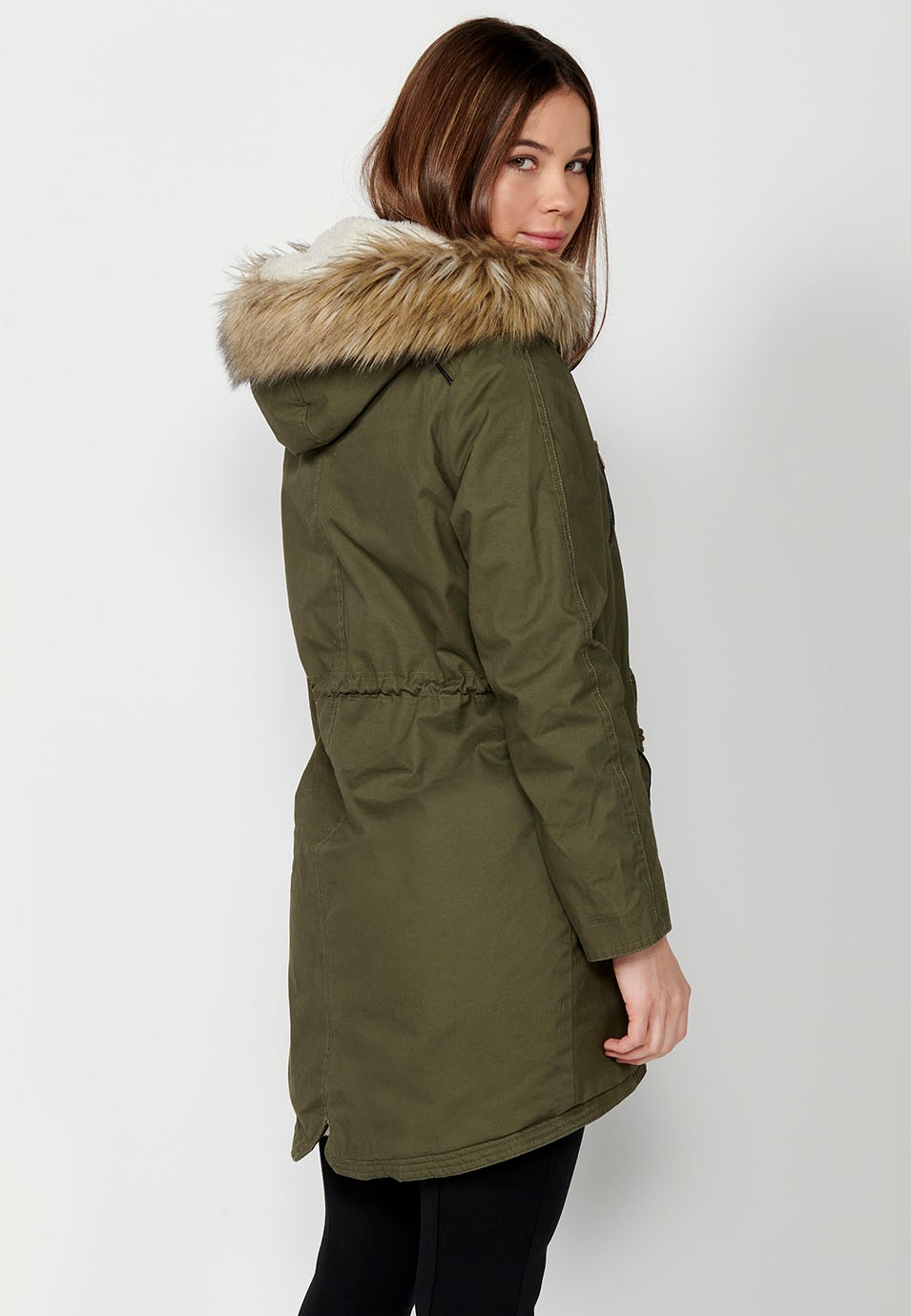 Long padded parka with hood with synthetic fur and adjustable waist in Khaki color for Women