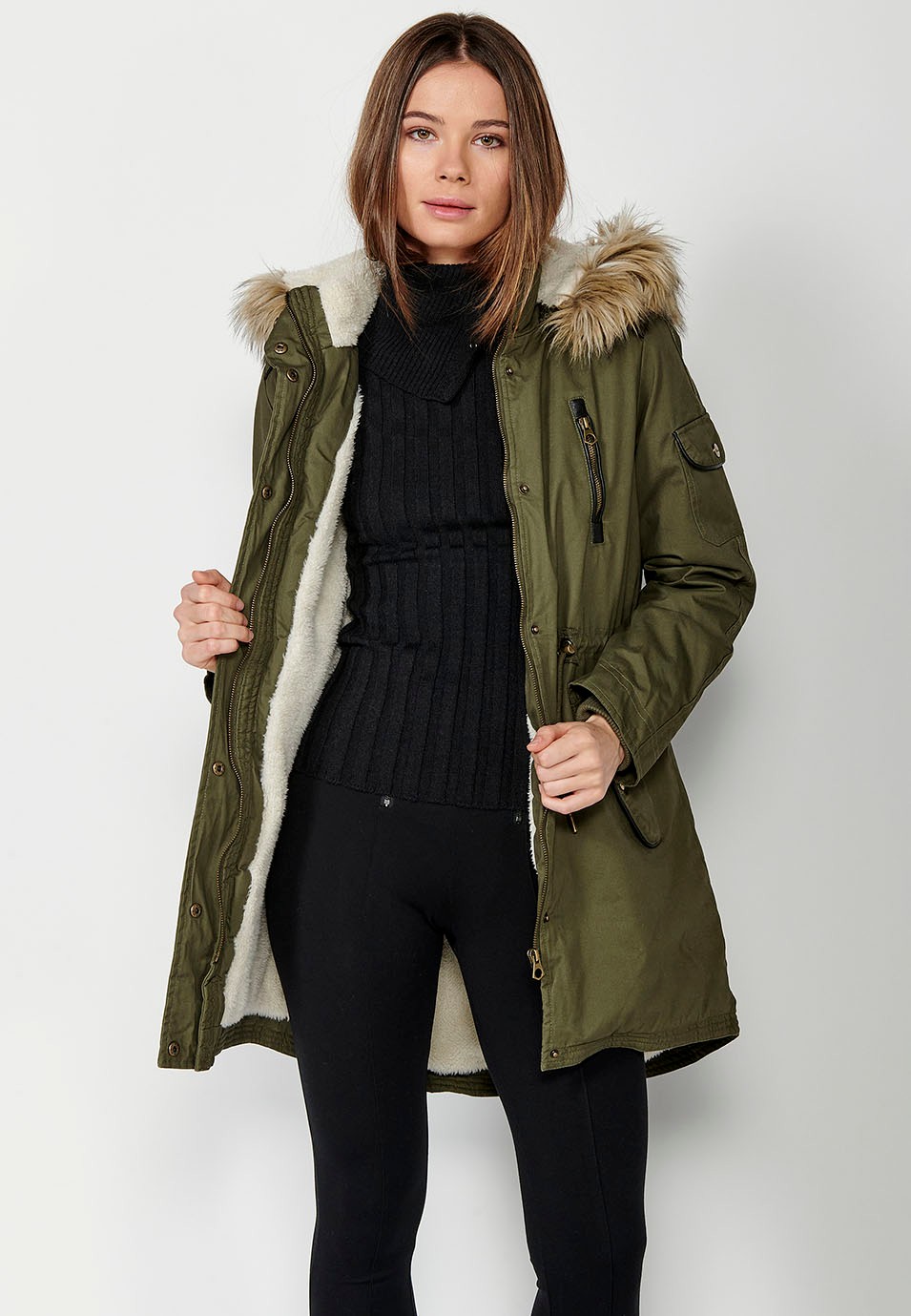 Long padded parka with hood with synthetic fur and adjustable waist in Khaki color for Women