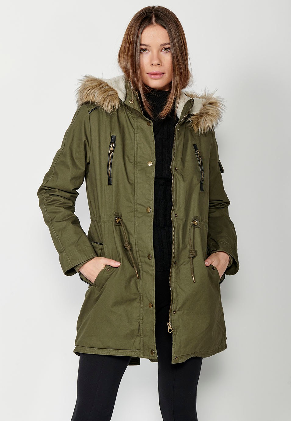 Long padded parka with hood with synthetic fur and adjustable waist in Khaki color for Women