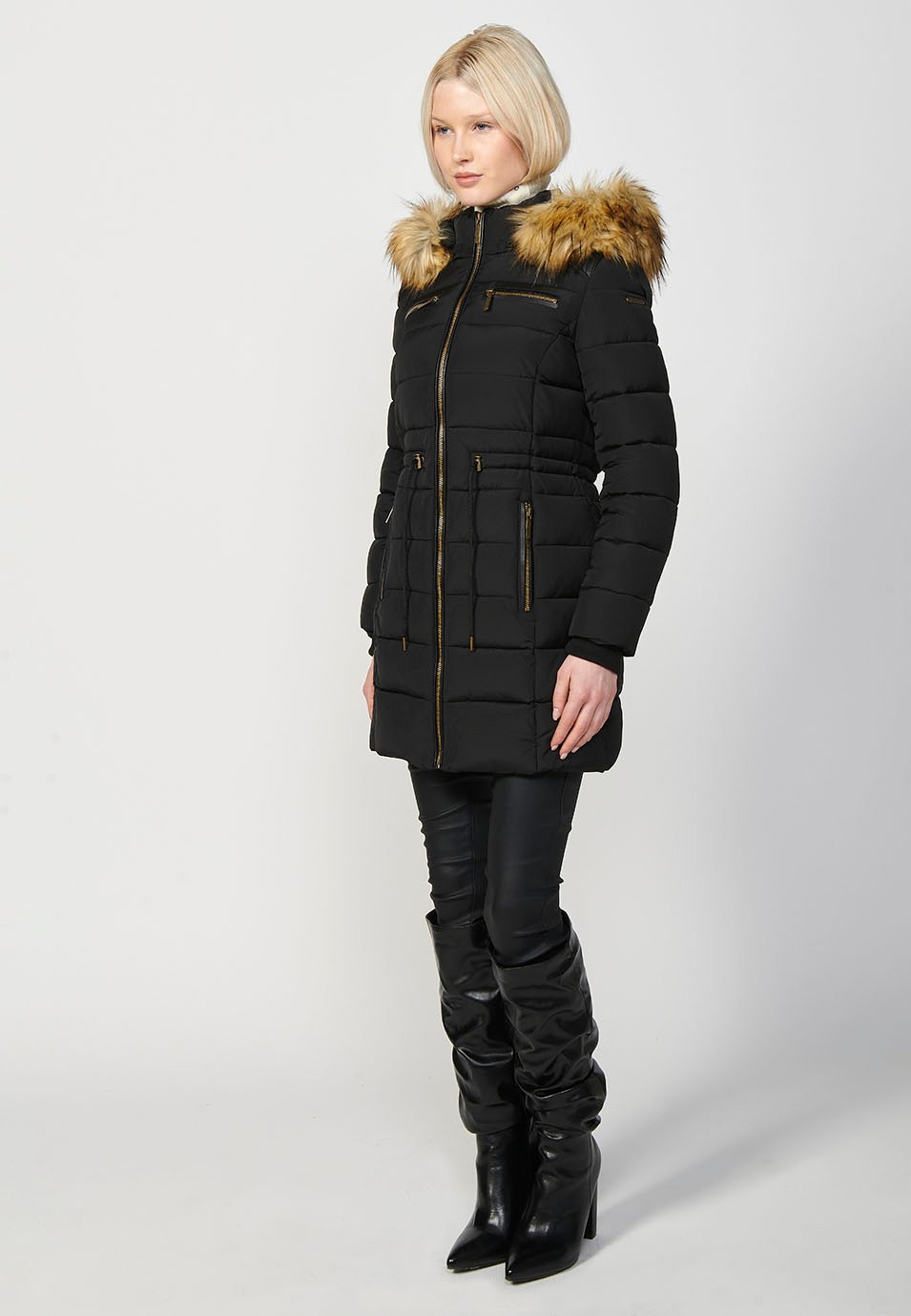 Women's Long Quilted Jacket with High Neck and Detachable Faux Fur Hood and Zip Front Closure in Black