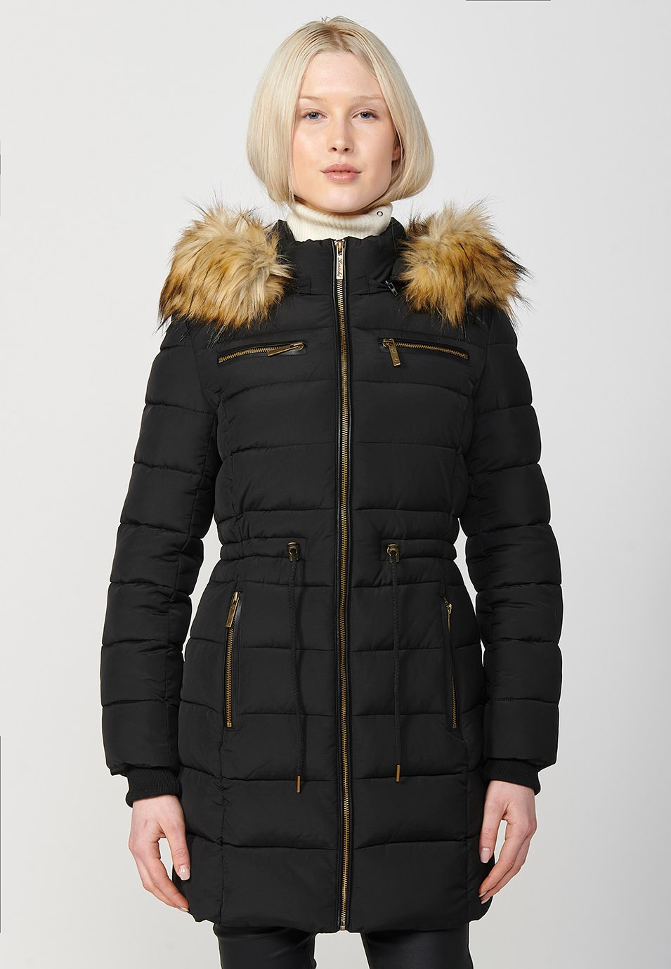 Women's Long Quilted Jacket with High Neck and Detachable Faux Fur Hood and Zip Front Closure in Black 3