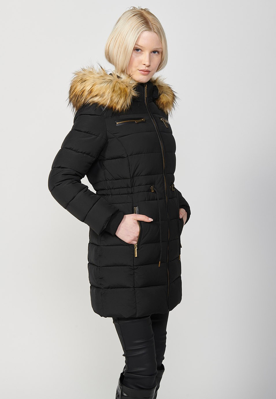 Women's Long Quilted Jacket with High Neck and Detachable Faux Fur Hood and Zip Front Closure in Black 1