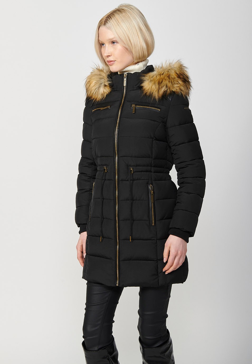 Women's Long Quilted Jacket with High Neck and Detachable Faux Fur Hood and Zip Front Closure in Black 7