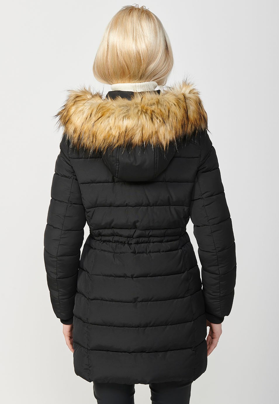 Women's Long Quilted Jacket with High Neck and Detachable Faux Fur Hood and Zip Front Closure in Black 6