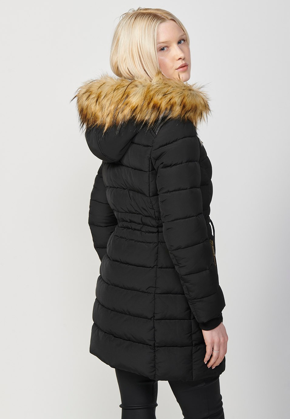 Women's Long Quilted Jacket with High Neck and Detachable Faux Fur Hood and Zip Front Closure in Black 4