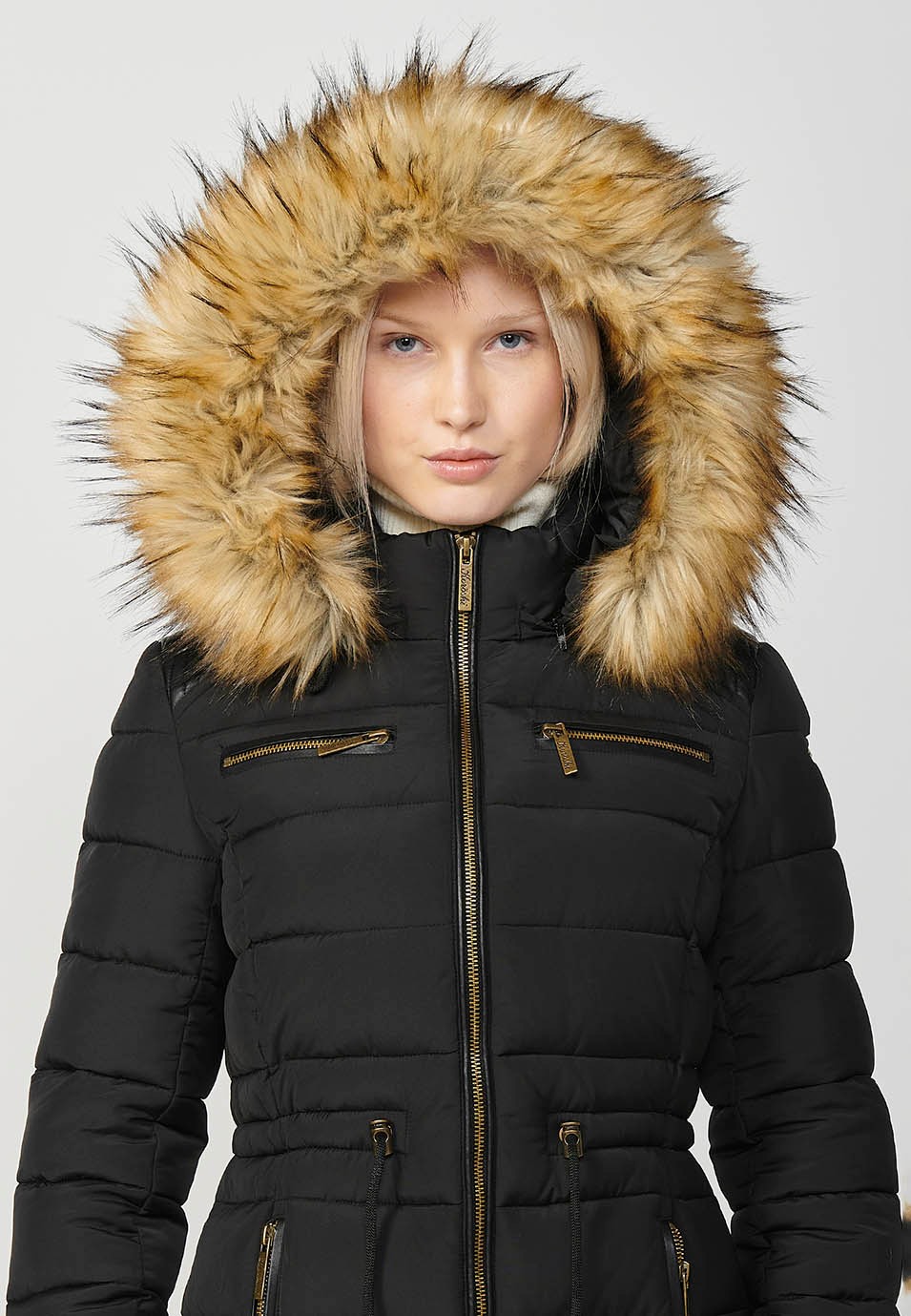 Women's Long Quilted Jacket with High Neck and Detachable Faux Fur Hood and Zip Front Closure in Black 2