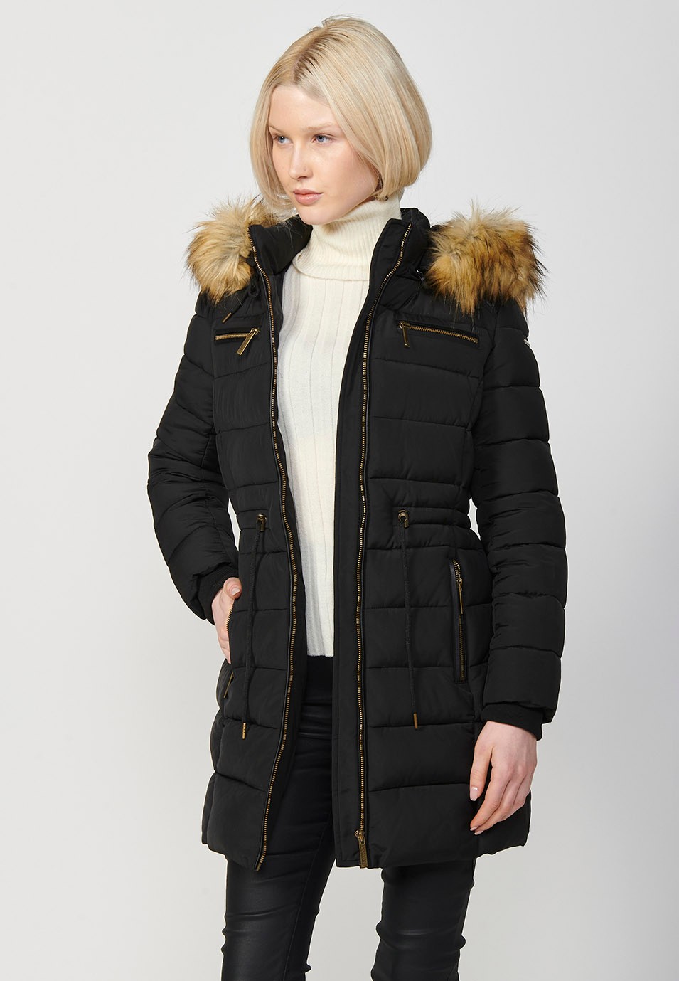 Women's Long Quilted Jacket with High Neck and Detachable Faux Fur Hood and Zip Front Closure in Black 5