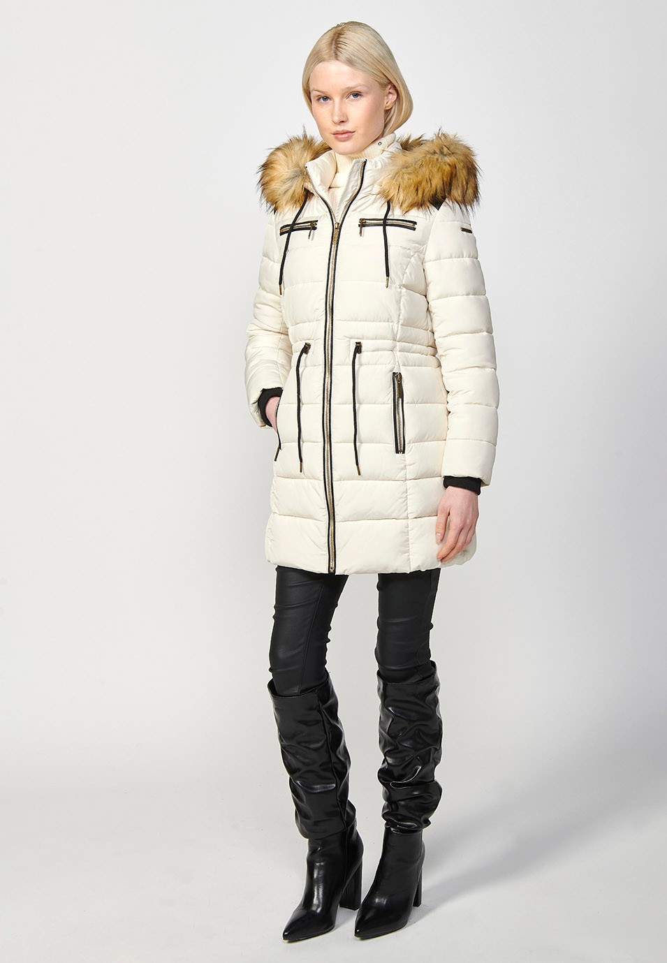 Women's Long Quilted Jacket with High Neck and Detachable Faux Fur Hood and Zip Front Closure in Ecru