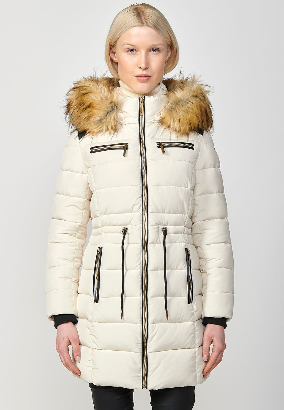 Women's Long Quilted Jacket with High Neck and Detachable Faux Fur Hood and Zip Front Closure in Ecru 7