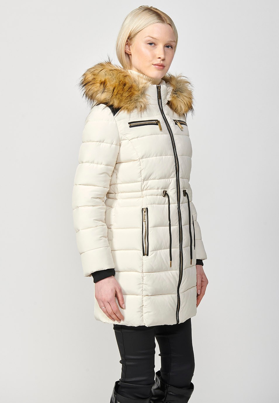 Women's Long Quilted Jacket with High Neck and Detachable Faux Fur Hood and Zip Front Closure in Ecru 6