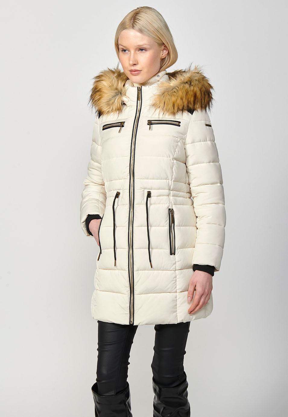 Women's Long Quilted Jacket with High Neck and Detachable Faux Fur Hood and Zip Front Closure in Ecru 4