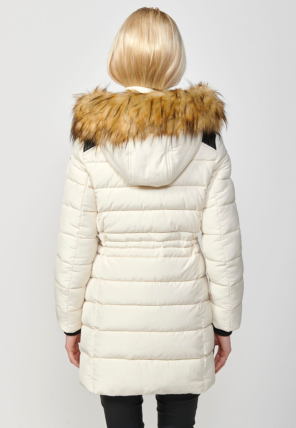 Women's Long Quilted Jacket with High Neck and Detachable Faux Fur Hood and Zip Front Closure in Ecru 2