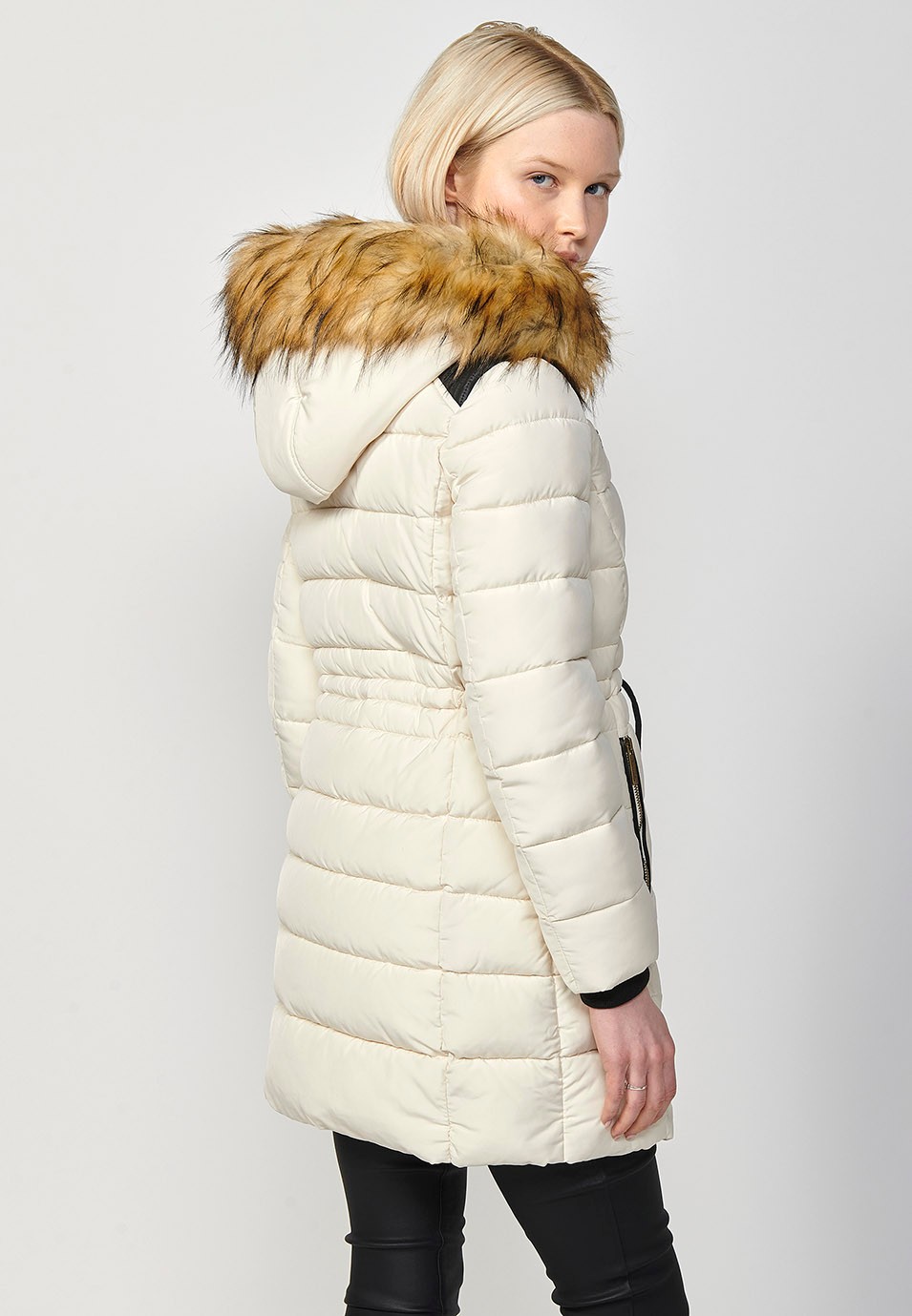 Women's Long Quilted Jacket with High Neck and Detachable Faux Fur Hood and Zip Front Closure in Ecru 5