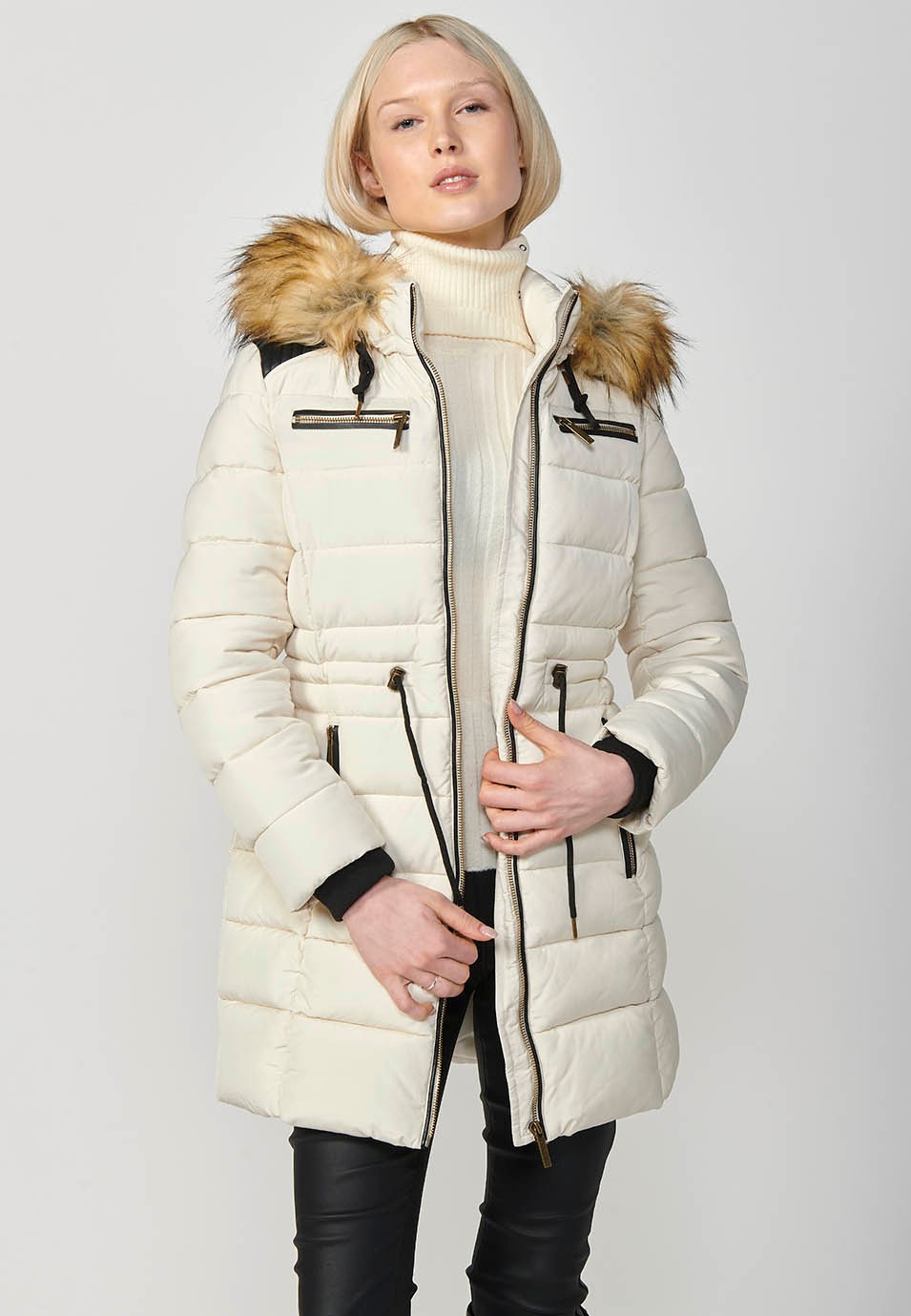 Women's Long Quilted Jacket with High Neck and Detachable Faux Fur Hood and Zip Front Closure in Ecru 1