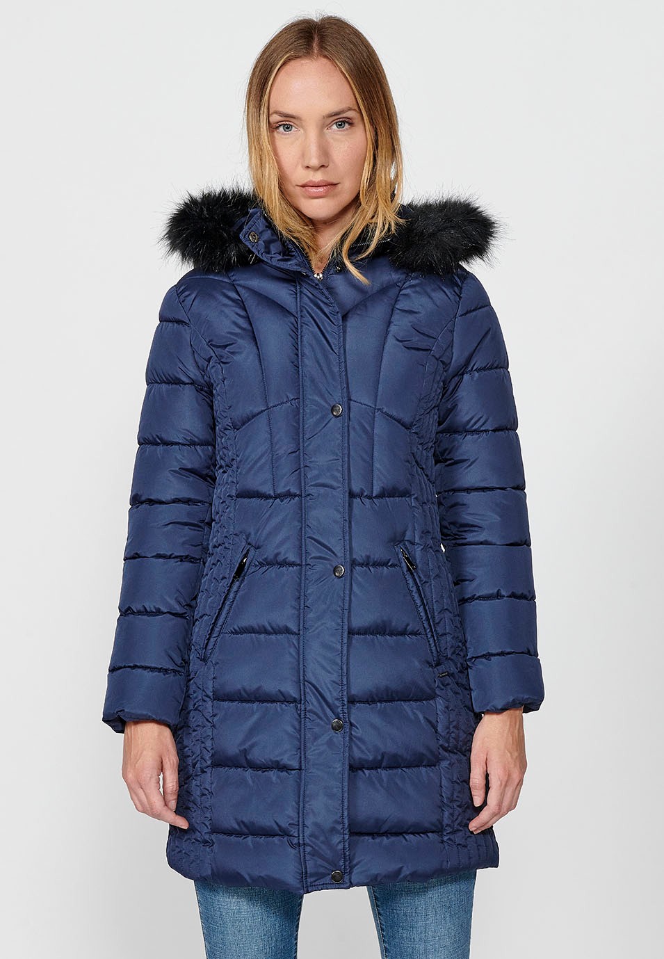 Women's Quilted Long Parka with Faux Fur Collar and Hood and Zip Front Closure in Navy