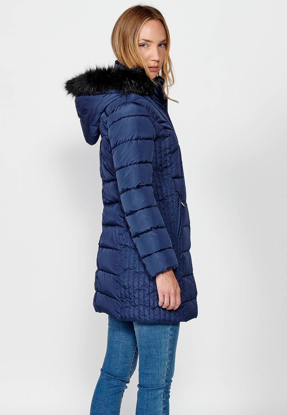 Women's Quilted Long Parka with Faux Fur Collar and Hood and Zip Front Closure in Navy