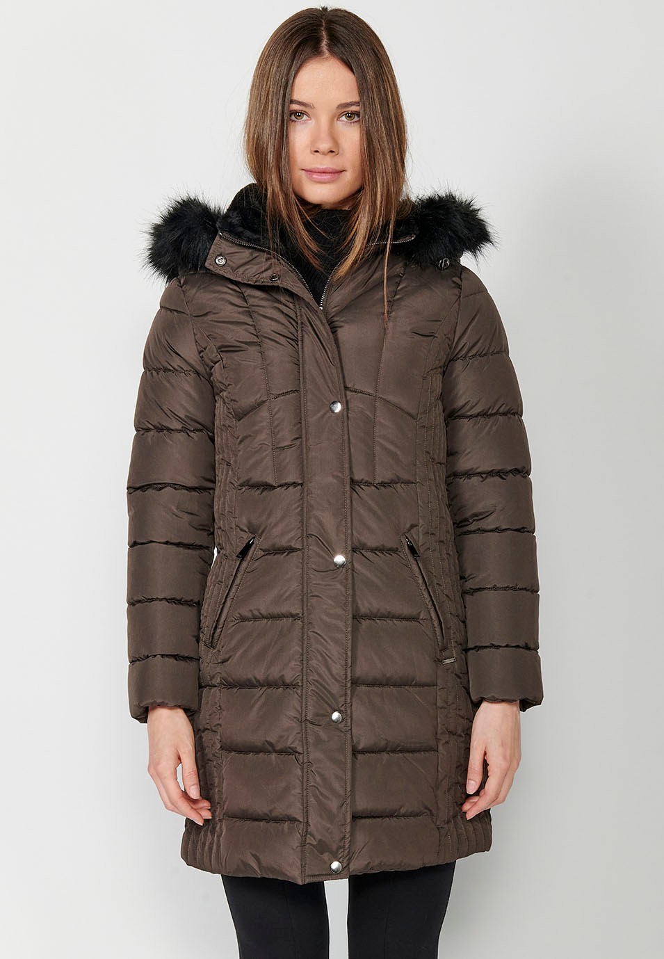 Long Quilted Parka Coat with Hooded Collar with Synthetic Fur and Front Zipper Closure in Olive Color for Women 3