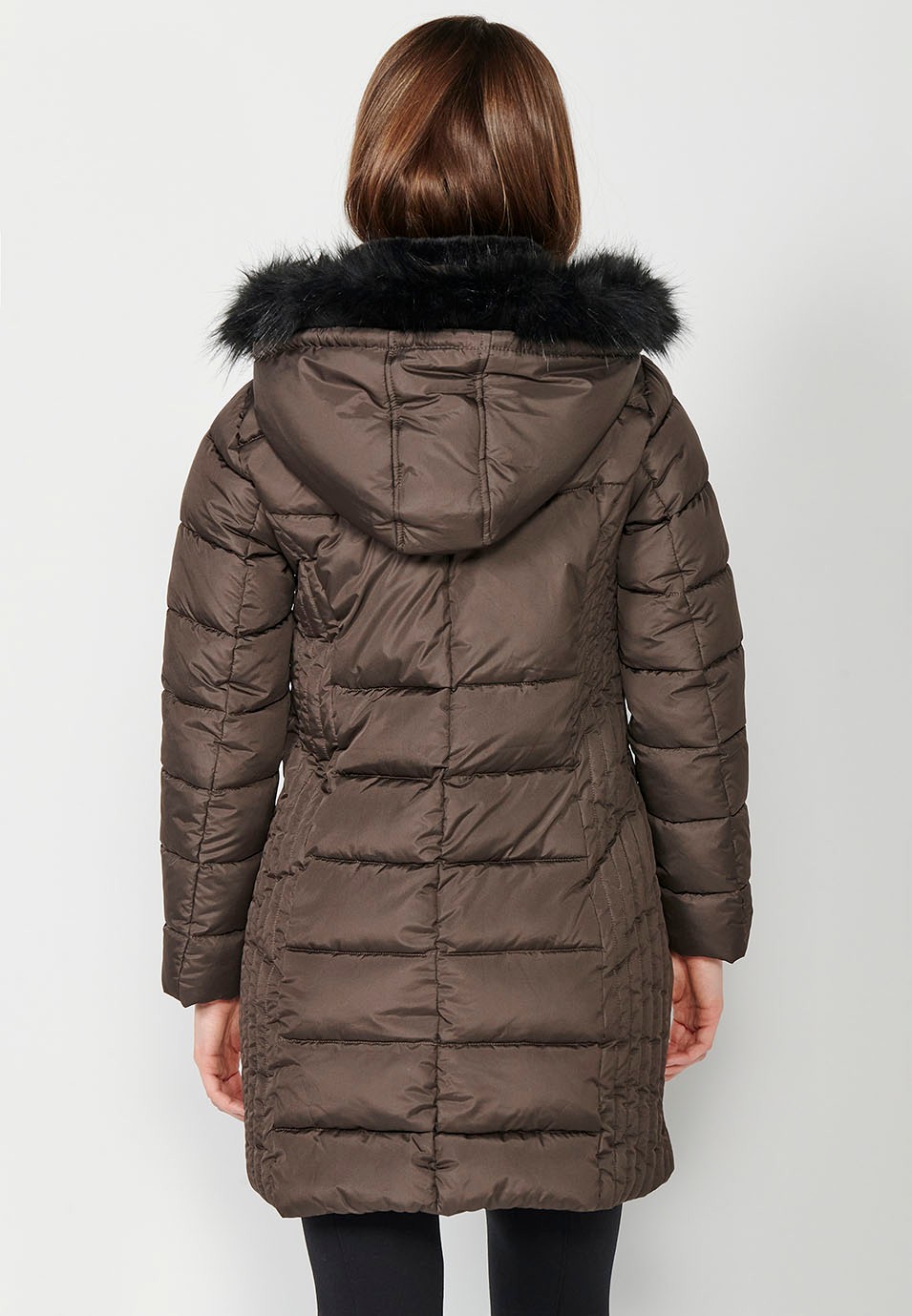 Long Quilted Parka Coat with Hooded Collar with Synthetic Fur and Front Zipper Closure in Olive Color for Women 6