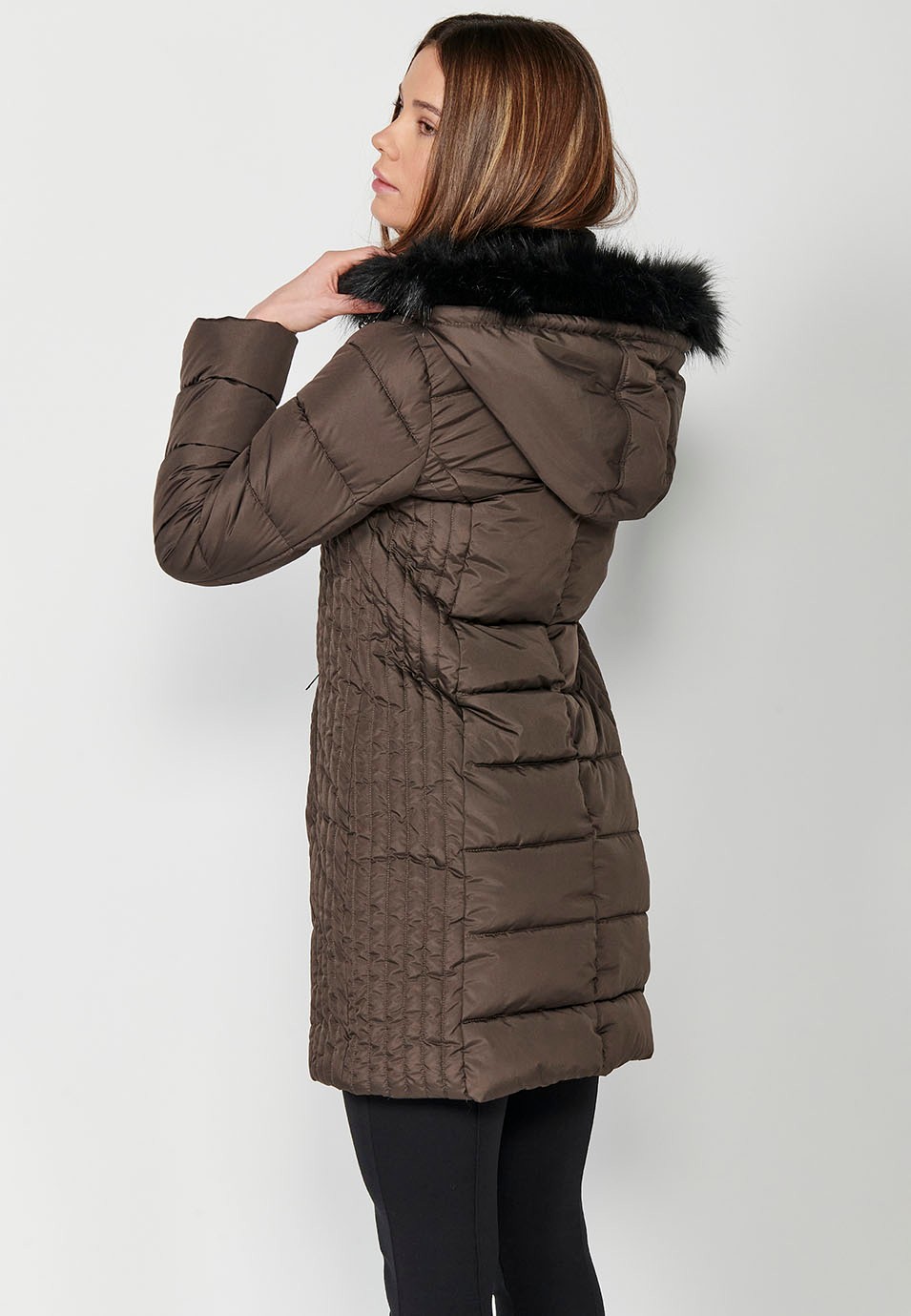 Long Quilted Parka Coat with Hooded Collar with Synthetic Fur and Front Zipper Closure in Olive Color for Women 4