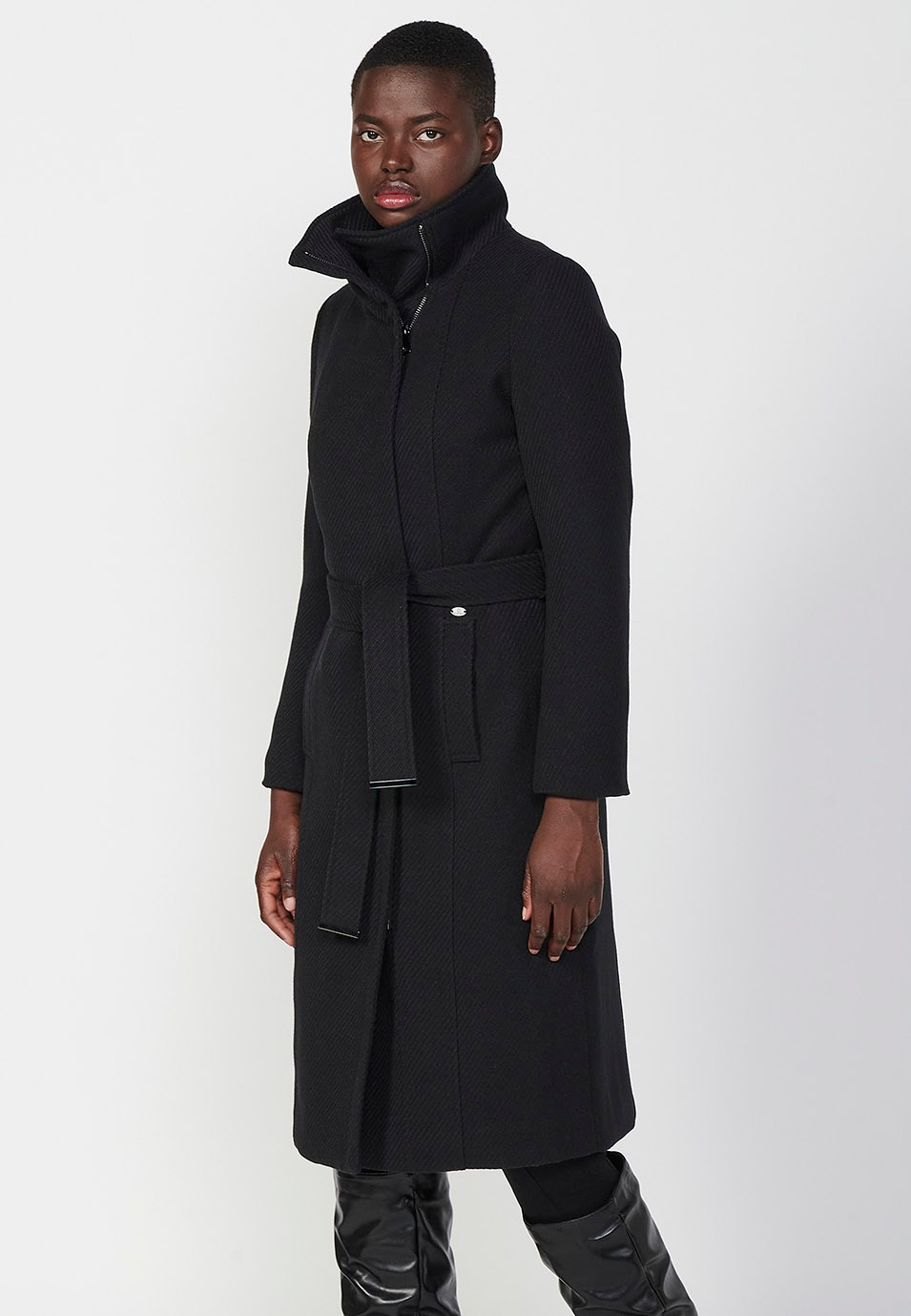 Manteau long à col cheminée avec fermeture éclair et ceinture nouée, doublé de fourrure synthétique noire pour Femme