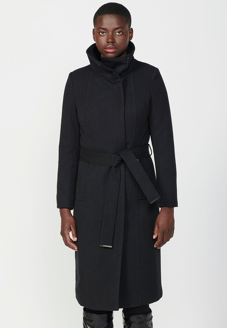 Manteau long à col cheminée avec fermeture éclair et ceinture nouée, doublé de fourrure synthétique noire pour Femme