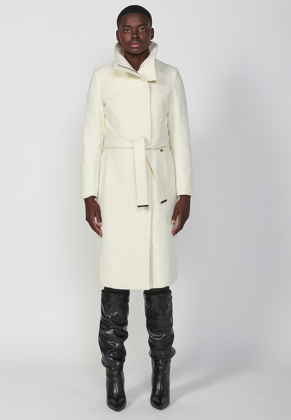 Long funnel neck zip up coat with knotted belt, lined with faux fur in ecru for women 7