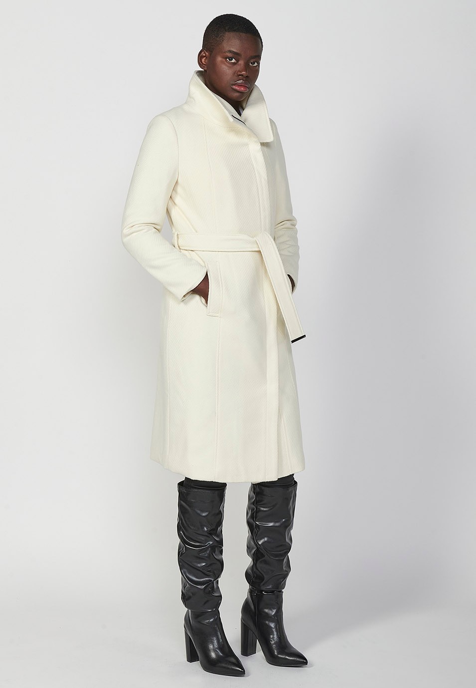 Long funnel neck zip up coat with knotted belt, lined with faux fur in ecru for women 6