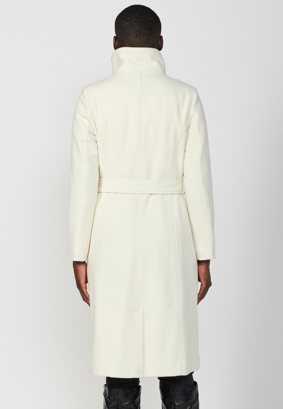 Manteau long à col cheminée avec fermeture éclair et ceinture nouée, doublé de fourrure synthétique écru pour Femme 4