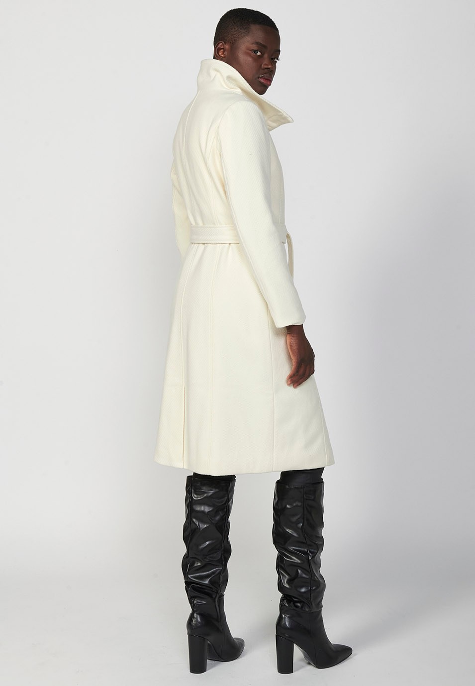 Long funnel neck zip up coat with knotted belt, lined with faux fur in ecru for women 5