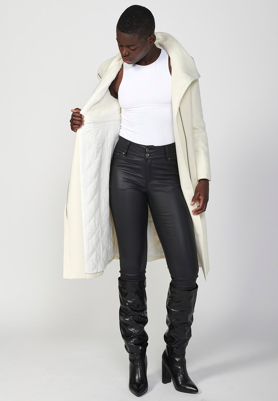 Long funnel neck zip up coat with knotted belt, lined with faux fur in ecru for women 8