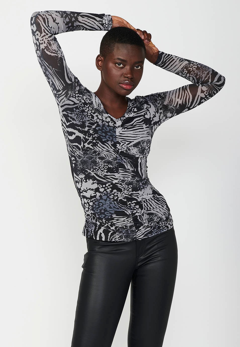 Long sleeve mesh V-neck t-shirt with animal print and gathered detail at the centre front in multicolour for women