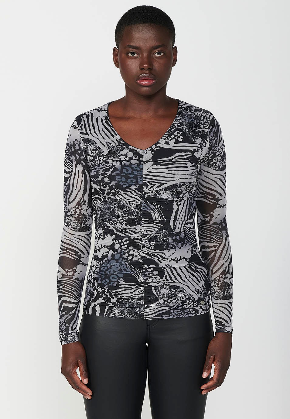 Long sleeve mesh V-neck t-shirt with animal print and gathered detail at the centre front in multicolour for women