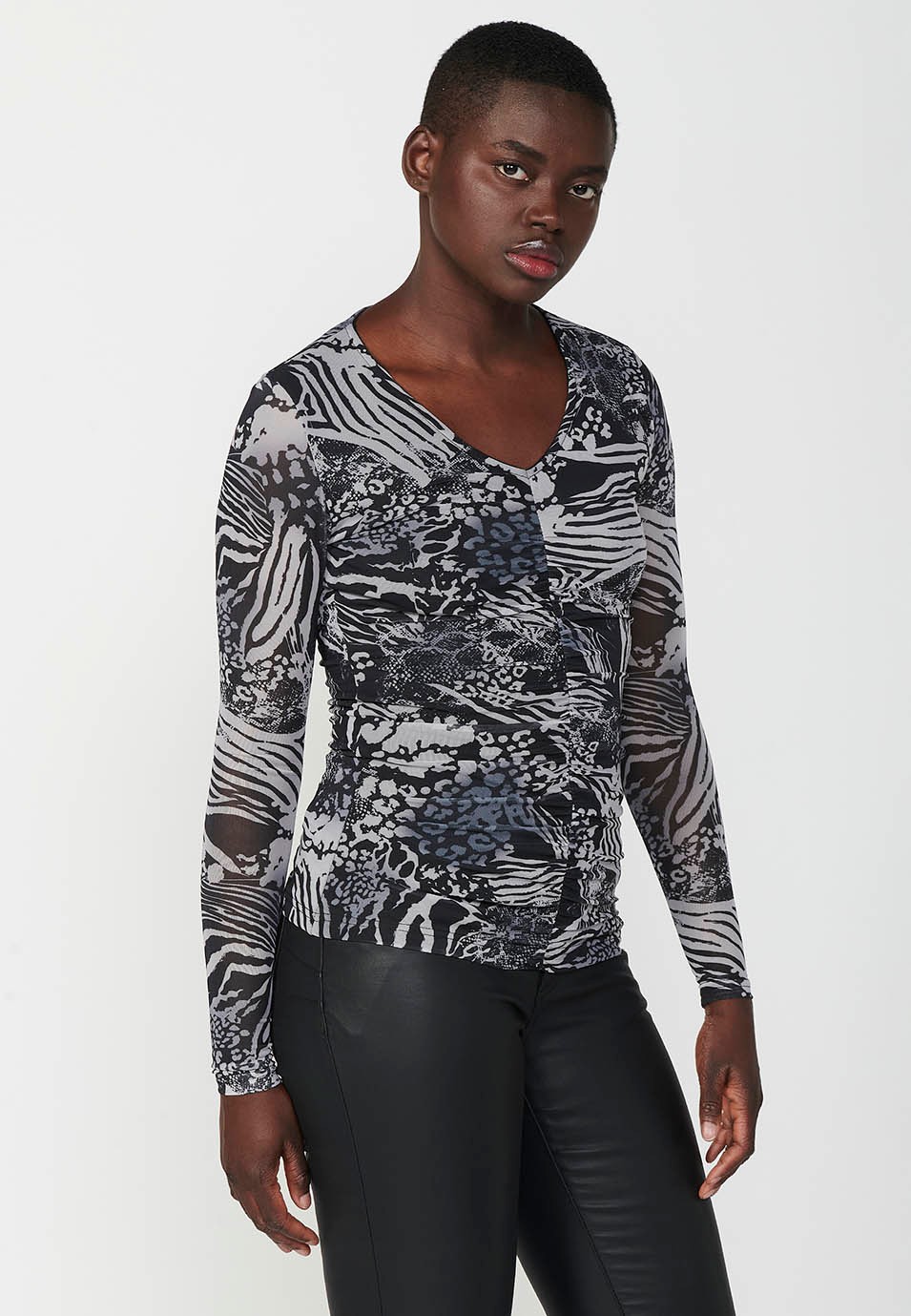 Long sleeve mesh V-neck t-shirt with animal print and gathered detail at the centre front in multicolour for women