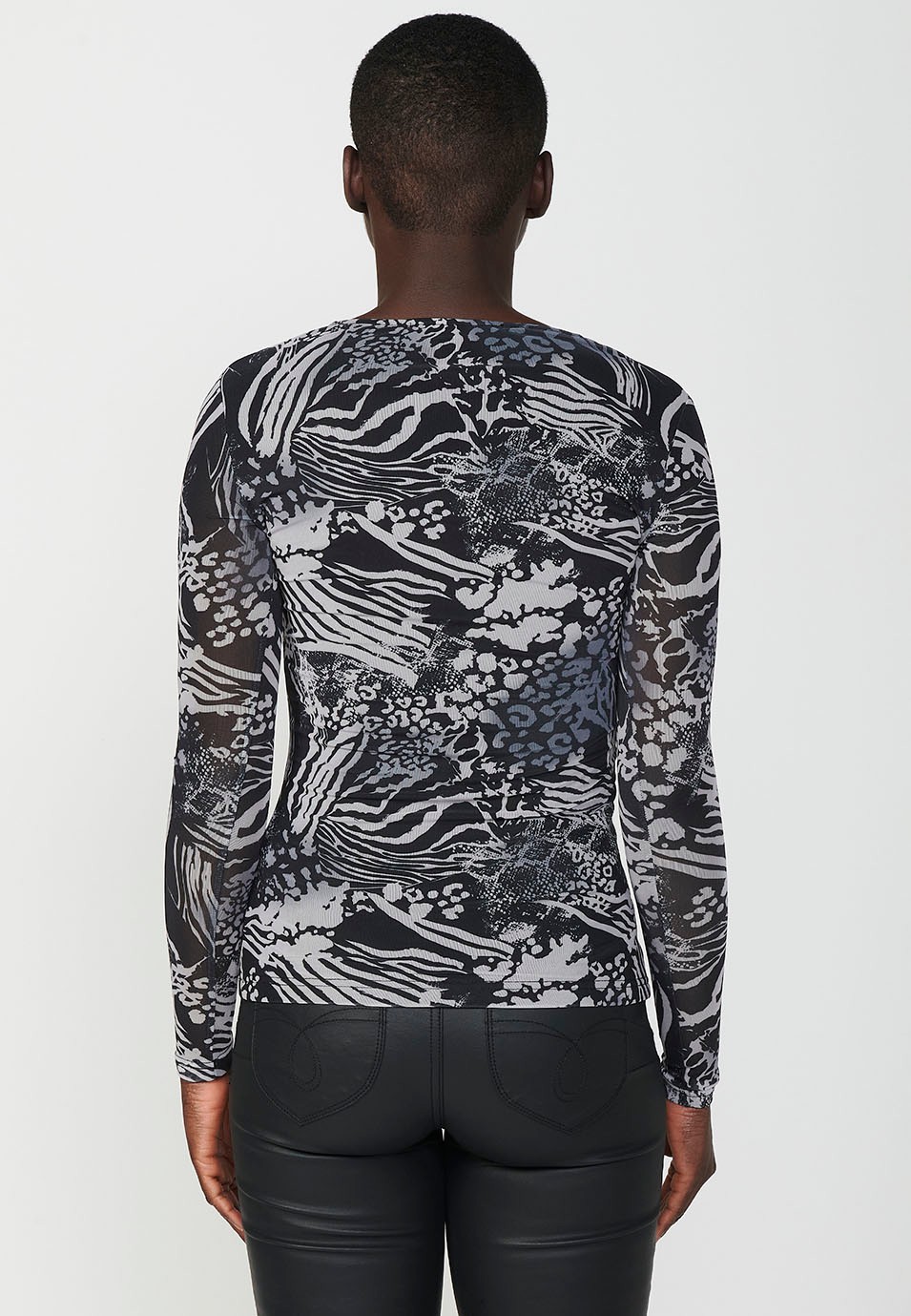 Long sleeve mesh V-neck t-shirt with animal print and gathered detail at the centre front in multicolour for women