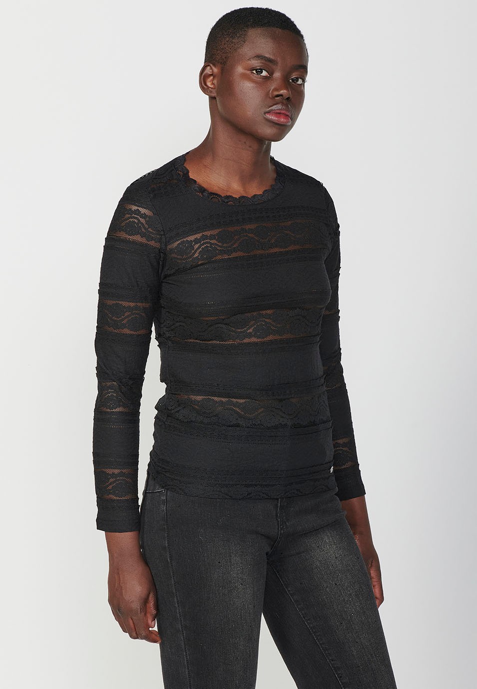 T-Shirt en tissu rayé à manches longues et col rond pour femmes noires